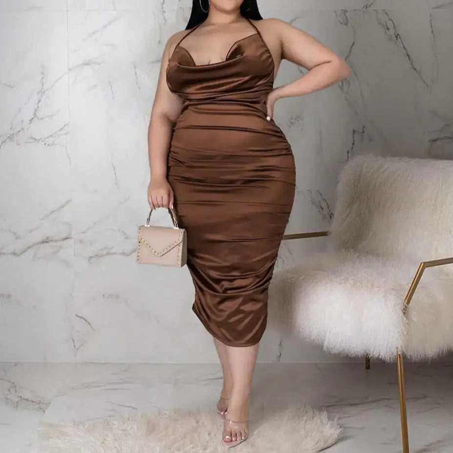 HappyU™ Elegante Zijden Midi Jurk zonder Mouwen voor Plus Size
